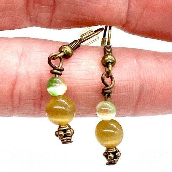 Handmade Beaded Drop Earrings Green & Amber Glass Beads Antiqued Bronze Hooks - Picture 7 of 8